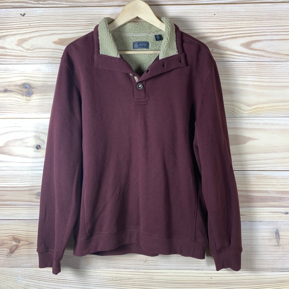 Arrow Sweater Men Medium Henley Button Sherpa Collar Fleece Soft Pullover Maroon